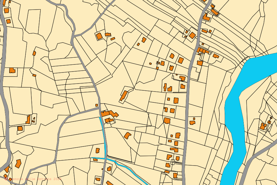 Mapa cadastral do centro de Sospirolo: parcelas e edifícios, cartografia da Agenzia delle Entrate