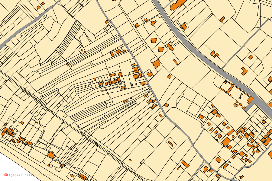 Mapa cadastral do centro de Sperlonga: parcelas e edifícios, cartografia da Agenzia delle Entrate