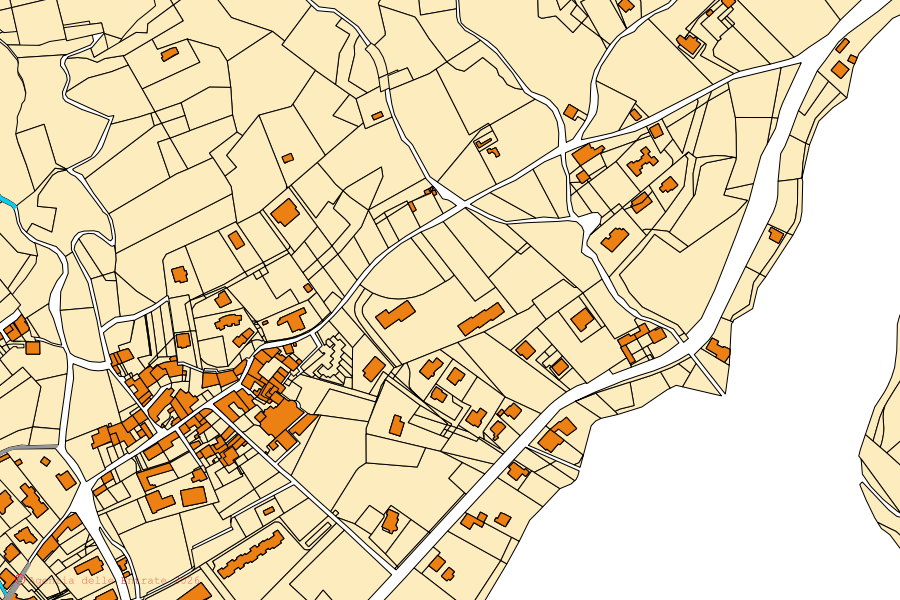 Mapa cadastral do centro de Spinone al Lago: parcelas e edifícios, cartografia da Agenzia delle Entrate