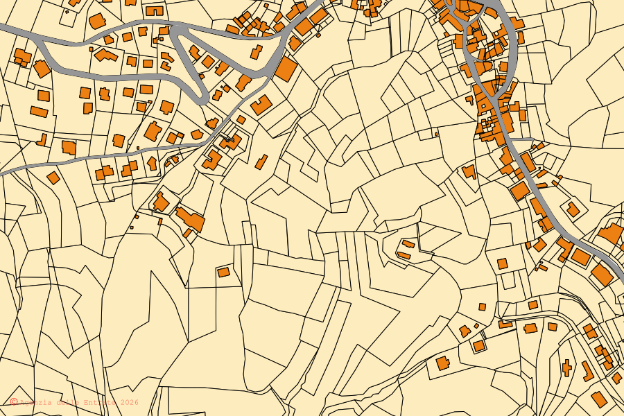 Mapa cadastral do centro de Tagliolo Monferrato: parcelas e edifícios, cartografia da Agenzia delle Entrate