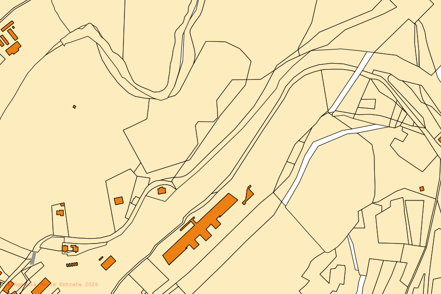 Mapa cadastral do centro de Tarvisio: parcelas e edifícios, cartografia da Agenzia delle Entrate