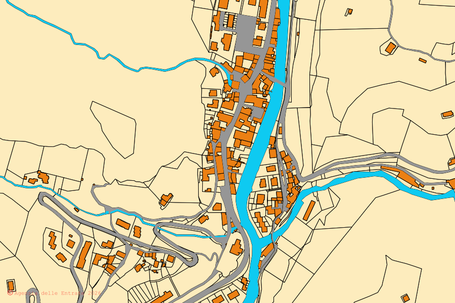 Mapa cadastral do centro de Tavernole sul Mella: parcelas e edifícios, cartografia da Agenzia delle Entrate