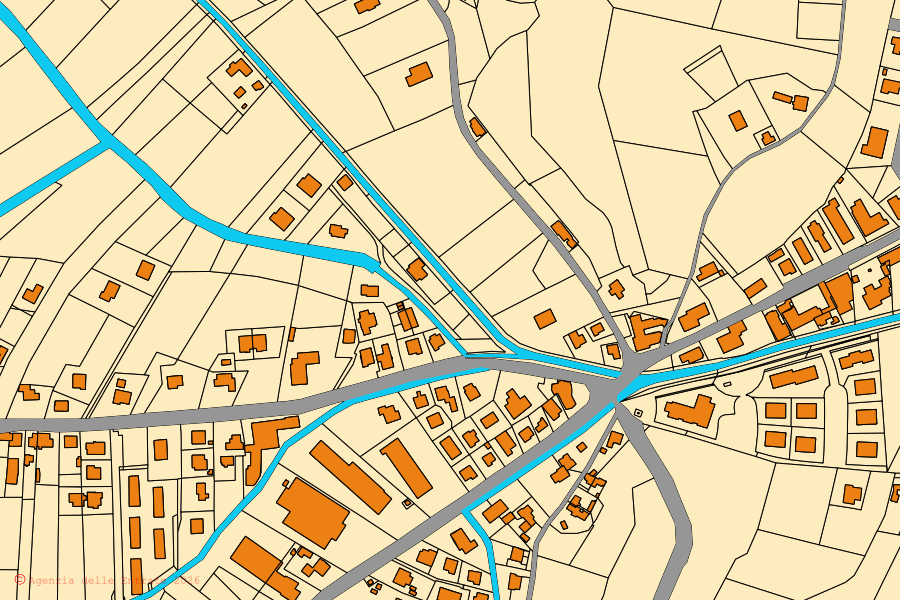 Mapa cadastral do centro de Teolo: parcelas e edifícios, cartografia da Agenzia delle Entrate