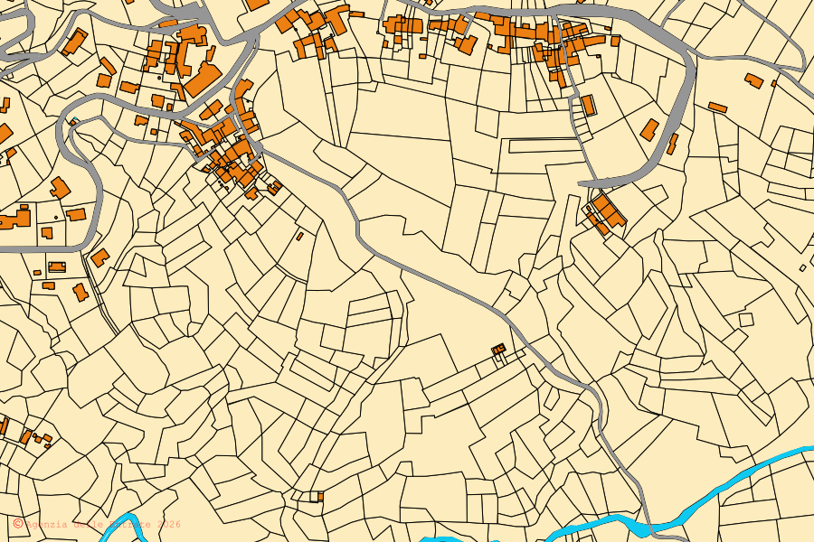 Mapa cadastral do centro de Ternengo: parcelas e edifícios, cartografia da Agenzia delle Entrate