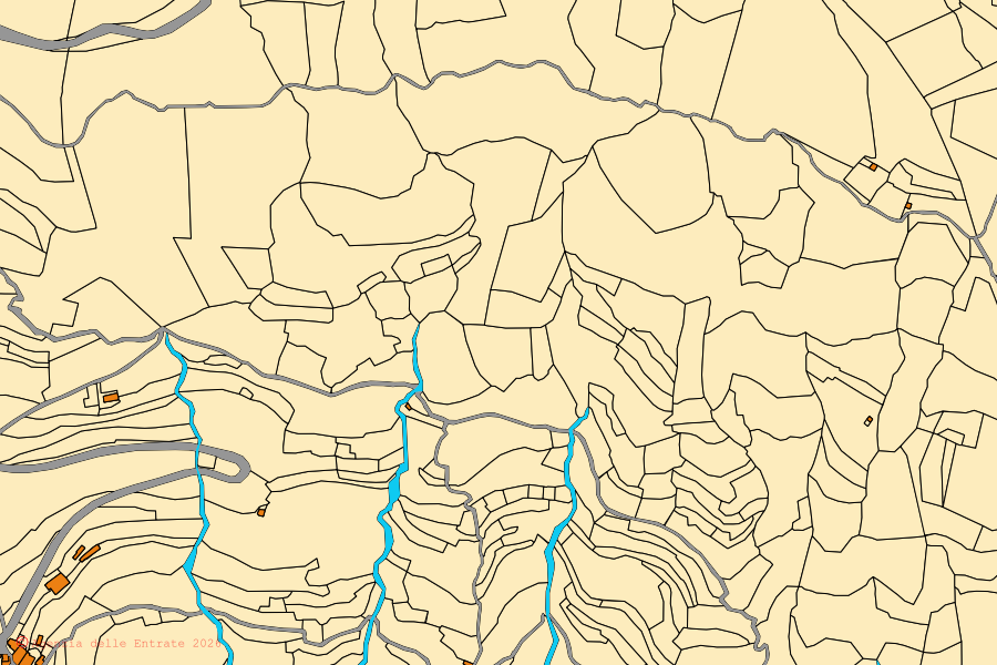 Mapa cadastral do centro de Testico: parcelas e edifícios, cartografia da Agenzia delle Entrate