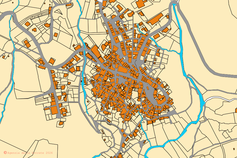 Mapa cadastral do centro de Torraca: parcelas e edifícios, cartografia da Agenzia delle Entrate
