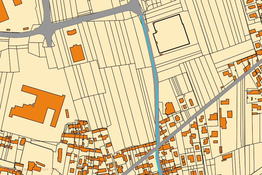 Mapa cadastral do centro de Torrazza Piemonte: parcelas e edifícios, cartografia da Agenzia delle Entrate