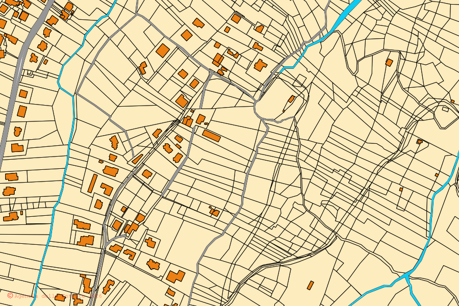 Mapa cadastral do centro de Treglio: parcelas e edifícios, cartografia da Agenzia delle Entrate