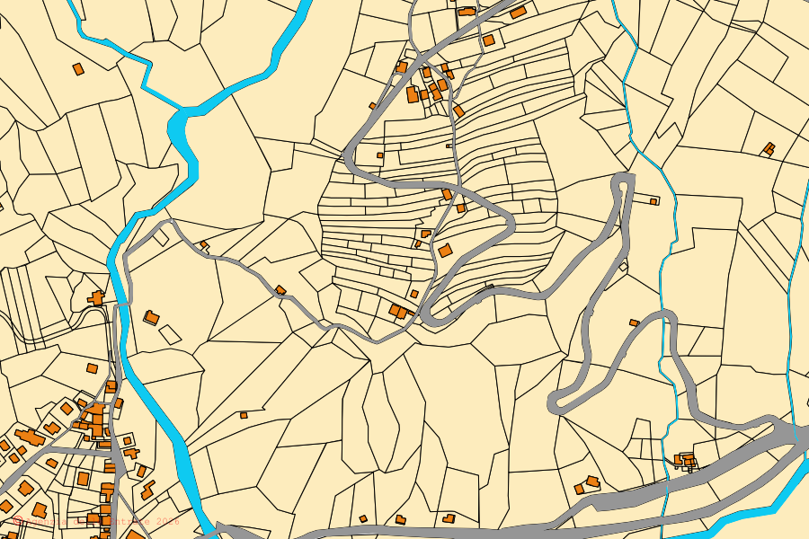 Mapa cadastral do centro de Treppo Ligosullo: parcelas e edifícios, cartografia da Agenzia delle Entrate