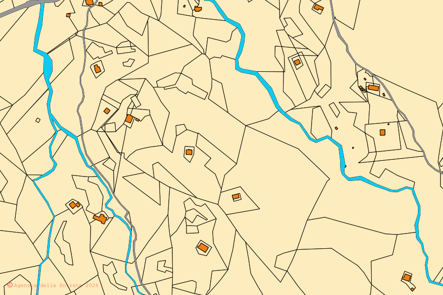 Mapa cadastral do centro de Urbe: parcelas e edifícios, cartografia da Agenzia delle Entrate