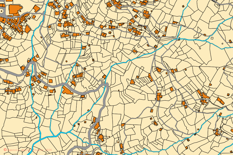 Mapa cadastral do centro de Uscio: parcelas e edifícios, cartografia da Agenzia delle Entrate
