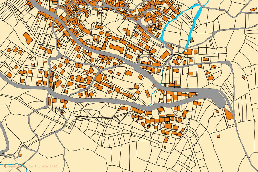 Mapa cadastral do centro de Ussassai: parcelas e edifícios, cartografia da Agenzia delle Entrate