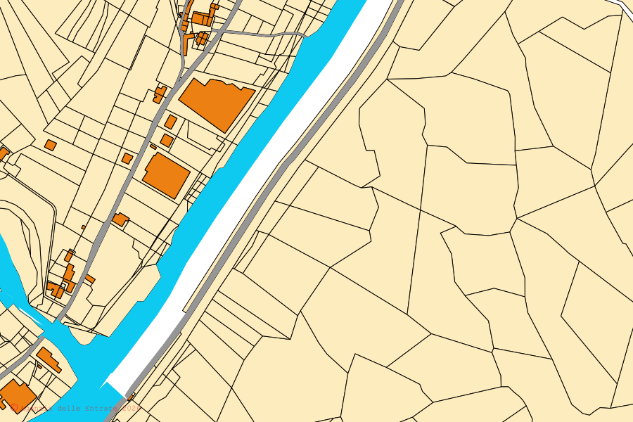 Mapa cadastral do centro de Valbrenta: parcelas e edifícios, cartografia da Agenzia delle Entrate