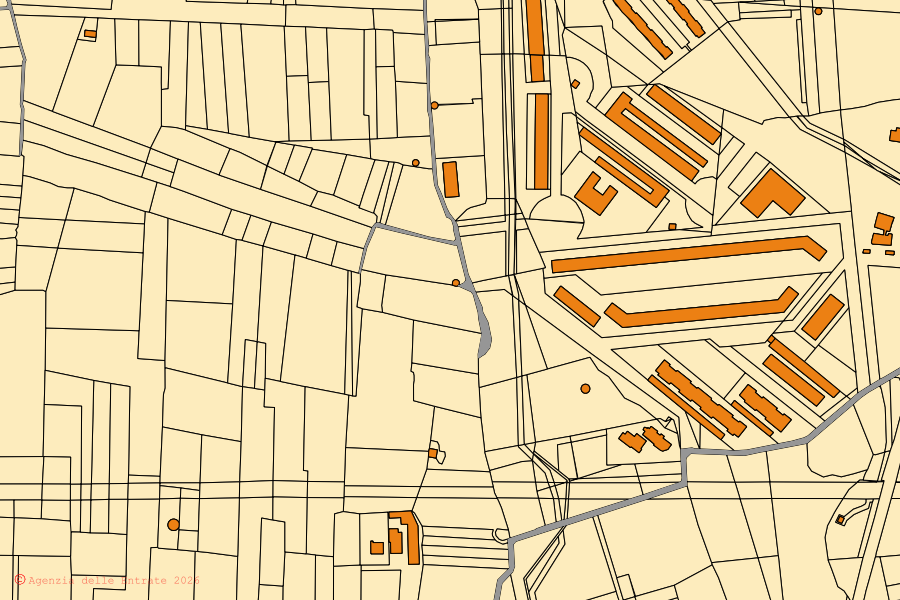Mapa cadastral do centro de Valenzano: parcelas e edifícios, cartografia da Agenzia delle Entrate