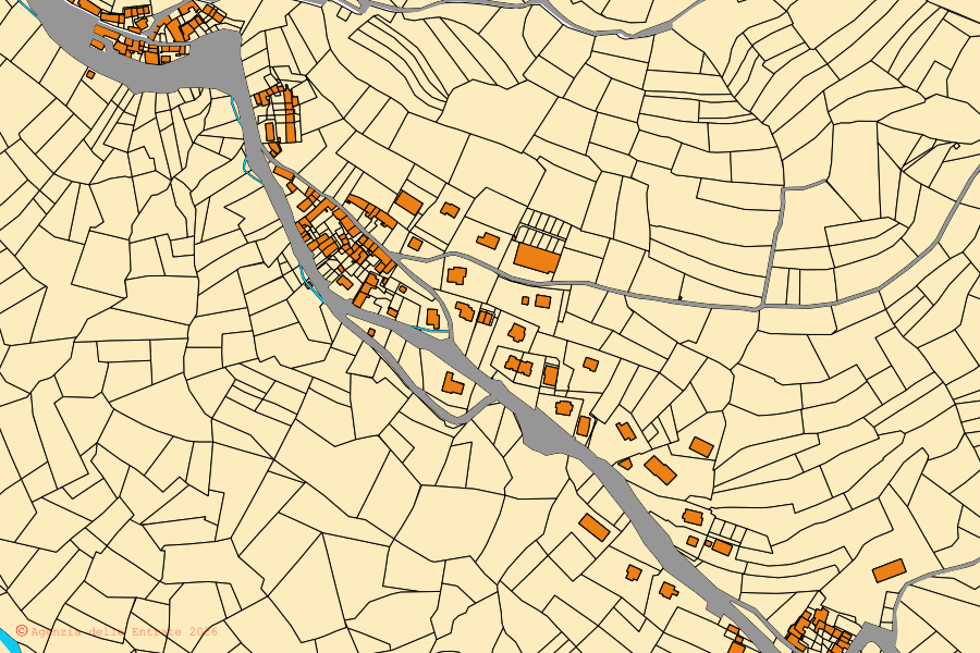 Mapa cadastral do centro de Valgioie: parcelas e edifícios, cartografia da Agenzia delle Entrate
