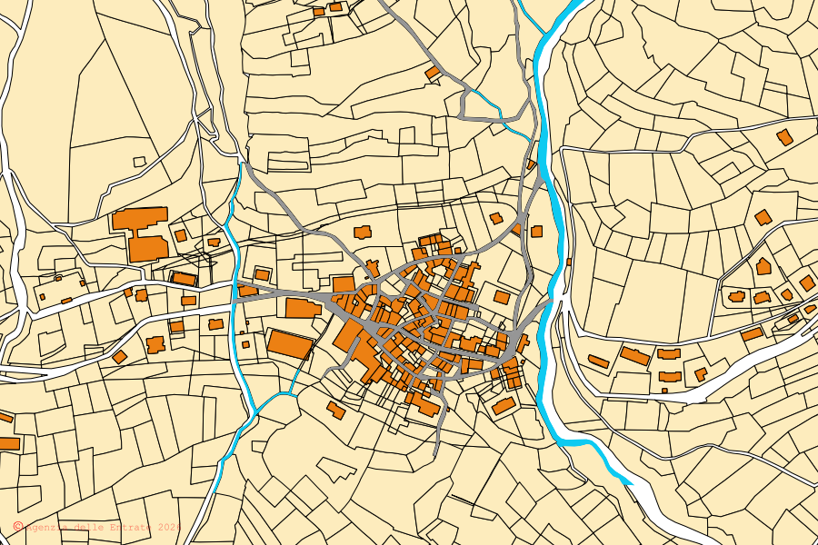 Mapa cadastral do centro de Valnegra: parcelas e edifícios, cartografia da Agenzia delle Entrate