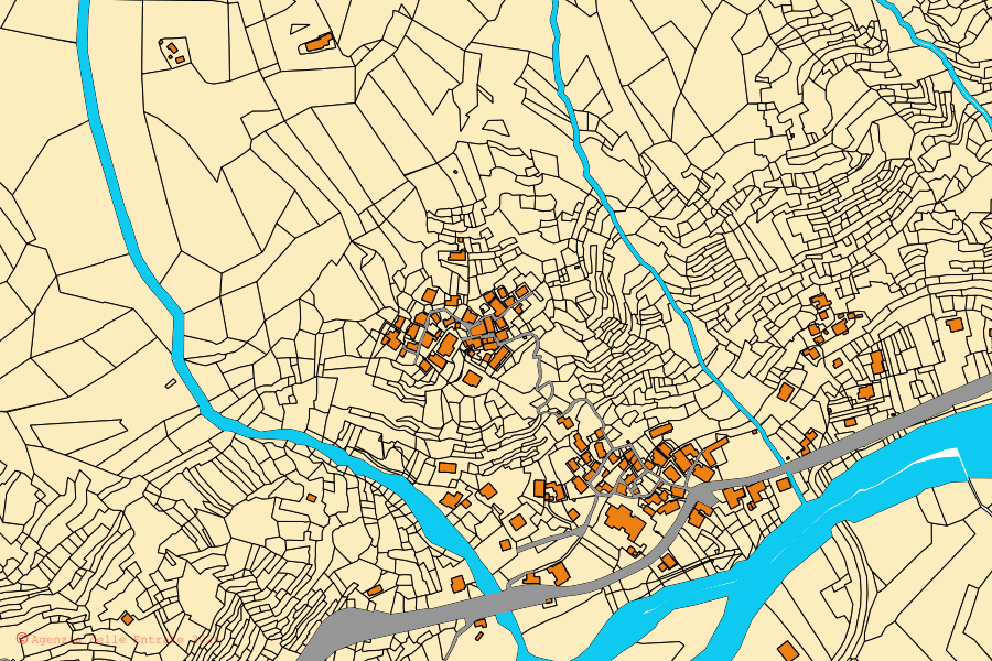 Mapa cadastral do centro de Vanzone con San Carlo: parcelas e edifícios, cartografia da Agenzia delle Entrate