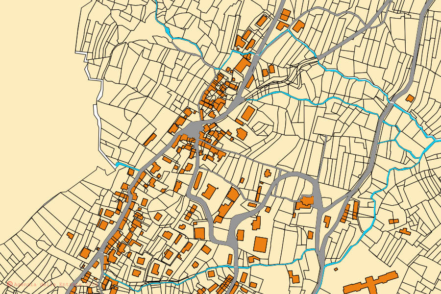 Mapa cadastral do centro de Varisella: parcelas e edifícios, cartografia da Agenzia delle Entrate