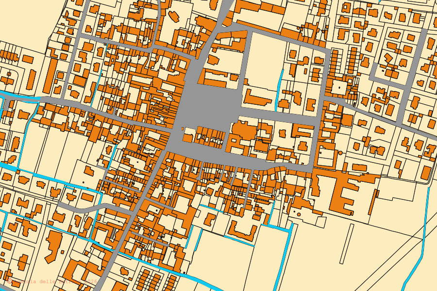 Mapa cadastral do centro de Vescovato: parcelas e edifícios, cartografia da Agenzia delle Entrate