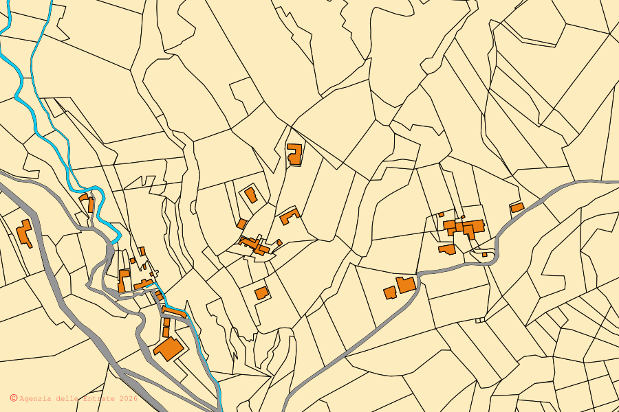 Mapa cadastral do centro de Villaga: parcelas e edifícios, cartografia da Agenzia delle Entrate