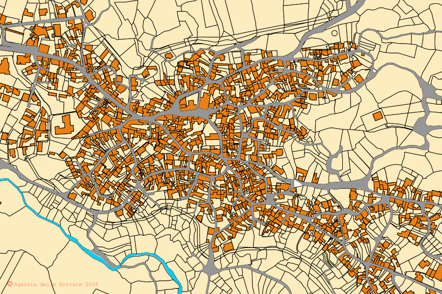 Mapa cadastral do centro de Villasalto: parcelas e edifícios, cartografia da Agenzia delle Entrate
