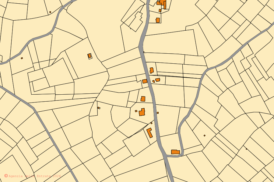Mapa cadastral do centro de Vinchio: parcelas e edifícios, cartografia da Agenzia delle Entrate