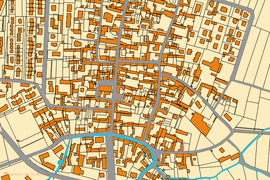 Mapa cadastral do centro de Volvera: parcelas e edifícios, cartografia da Agenzia delle Entrate