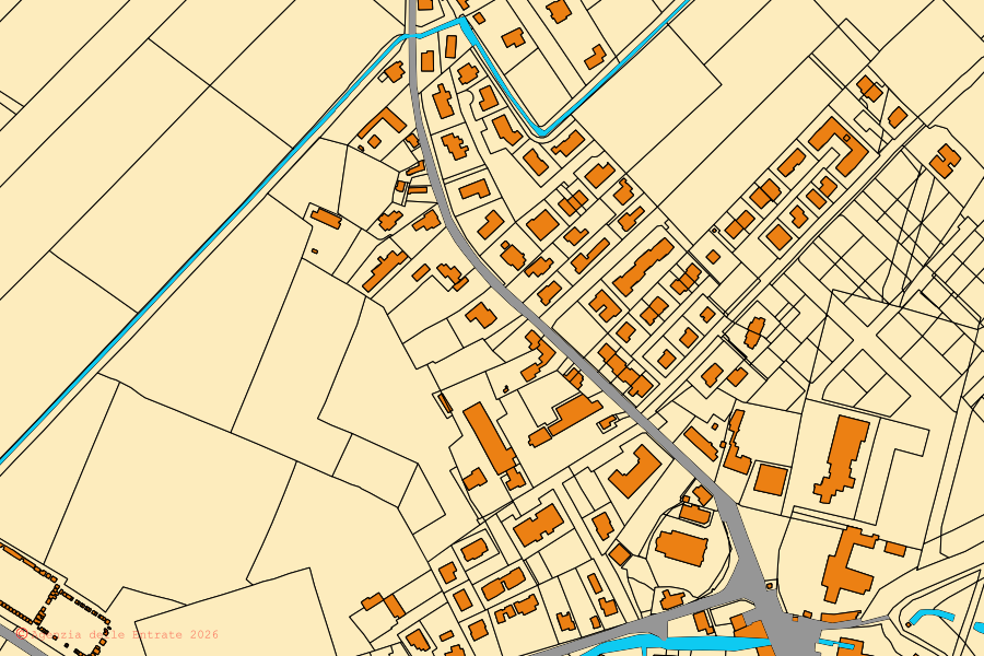 Mapa cadastral do centro de Zenson di Piave: parcelas e edifícios, cartografia da Agenzia delle Entrate