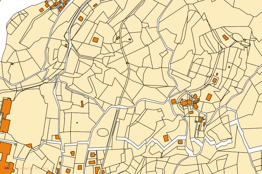 Mapa cadastral do centro de Zogno: parcelas e edifícios, cartografia da Agenzia delle Entrate